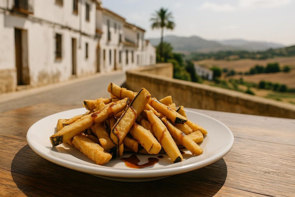 Berenjenas fritas crujientes con miel de caña servidas en un plato