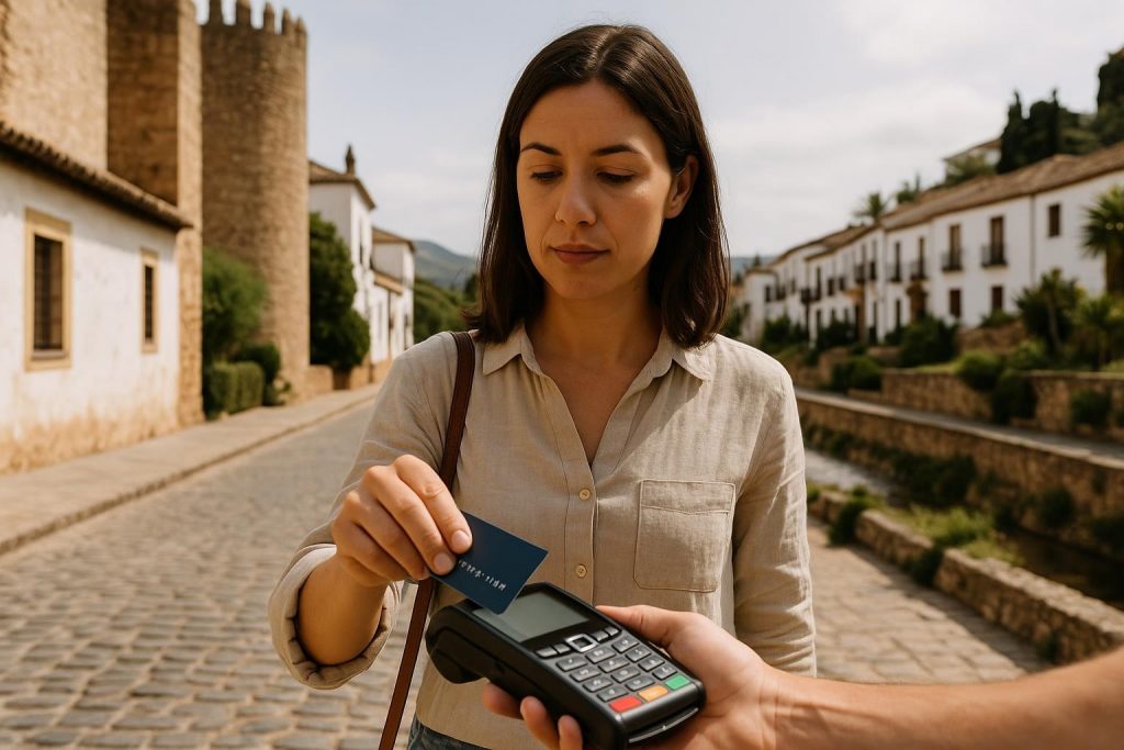 Persona pagando con tarjeta en un comercio durante las vacaciones