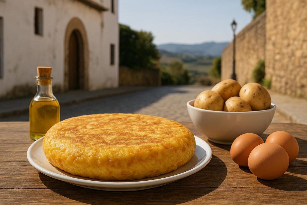 Tortilla de patatas dorada servida en un plato sobre una mesa