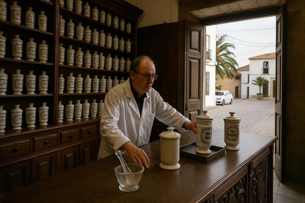 Interior de una farmacia antigua con mostrador de madera y tarros de cerámica