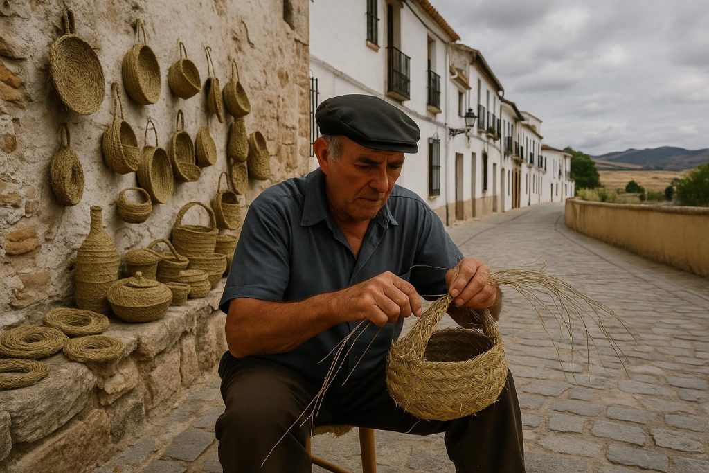 Artesano trabajando fibras de esparto en un taller tradicional