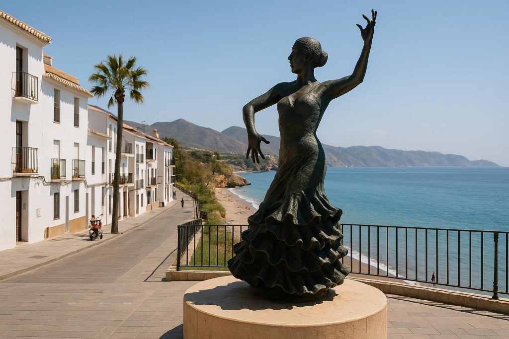 Escultura al aire libre en una plaza andaluza con edificios históricos al fondo
