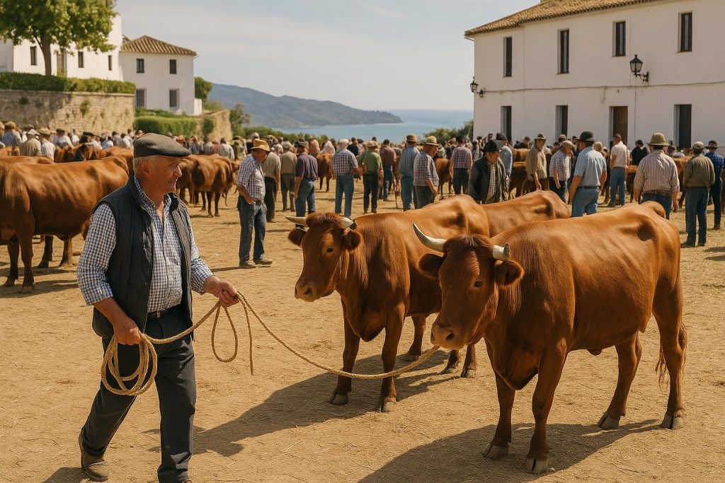 Ganado reunido en un recinto ferial rural de Andalucía