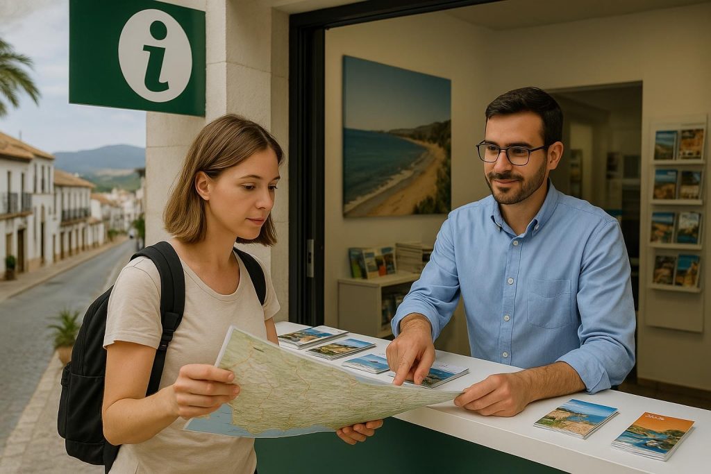 Mostrador de una oficina de turismo en Andalucía con mapas y folletos