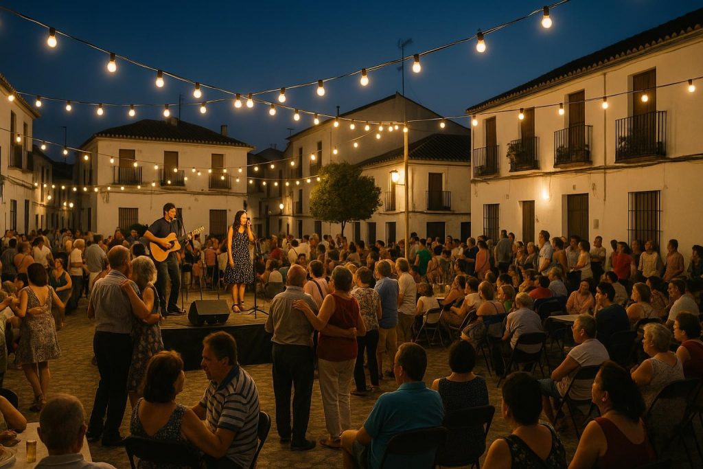 Plaza andaluza iluminada durante una verbena de verano