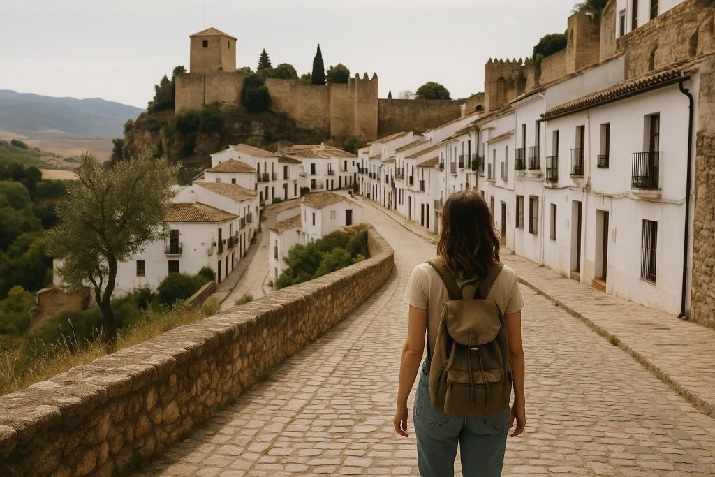 Vista panorámica de un pueblo blanco andaluz entre montañas