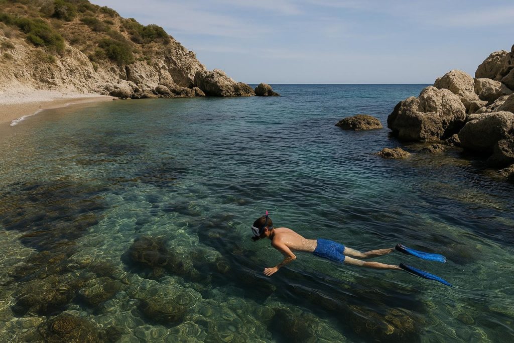 Persona practicando esnórquel en una cala de aguas transparentes en Andalucía