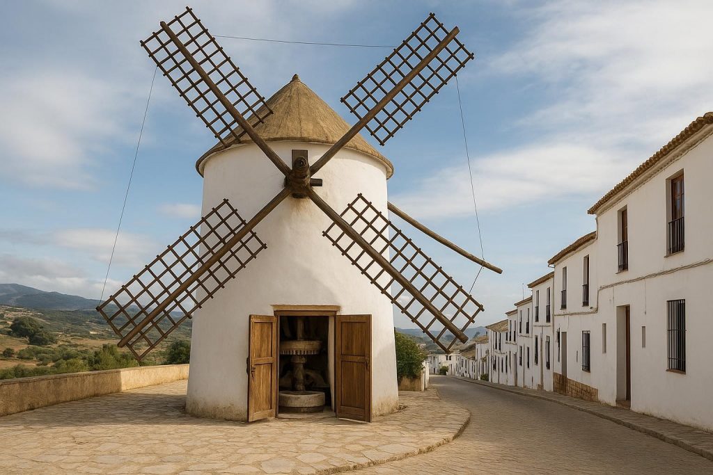 Molino histórico andaluz con piedras de moler y maquinaria tradicional
