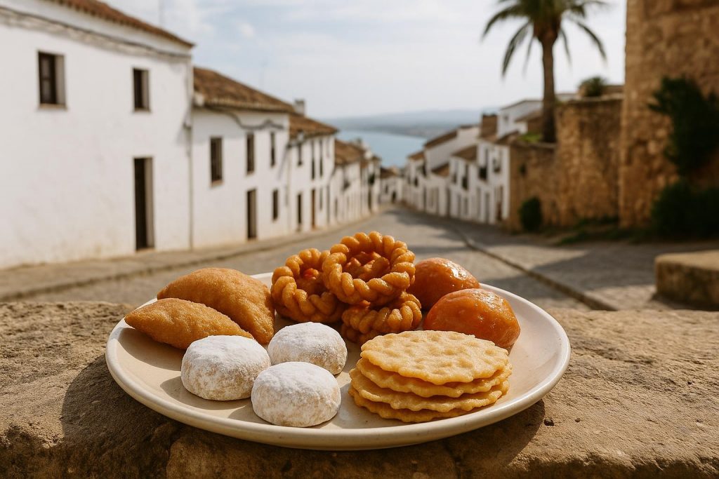Dulces tradicionales andaluces servidos en una mesa de sobremesa