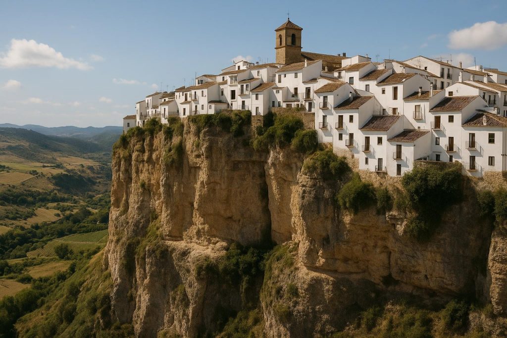 Casas blancas andaluzas sobre un tajo rocoso