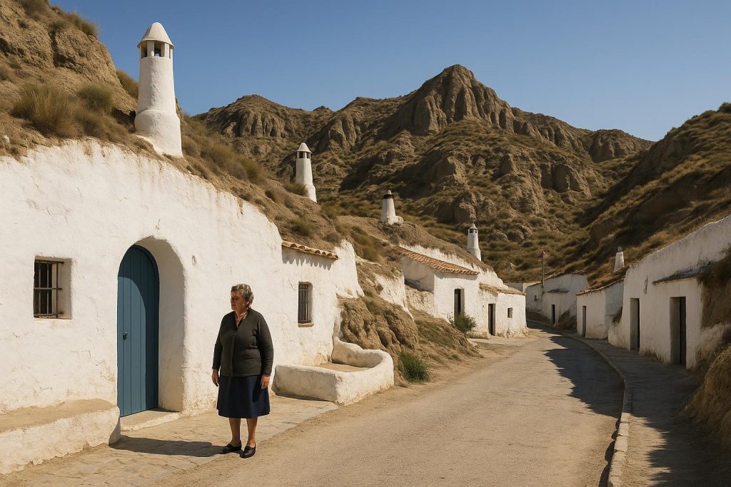 Casas cueva encaladas en una ladera de un pueblo andaluz