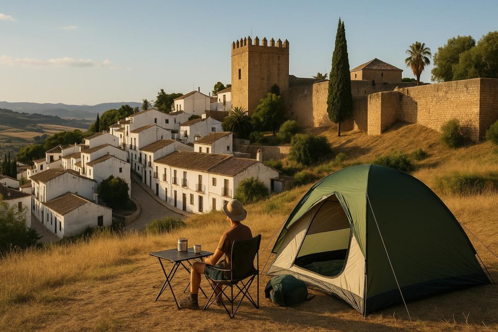 Familia descansando junto a una tienda en un camping andaluz
