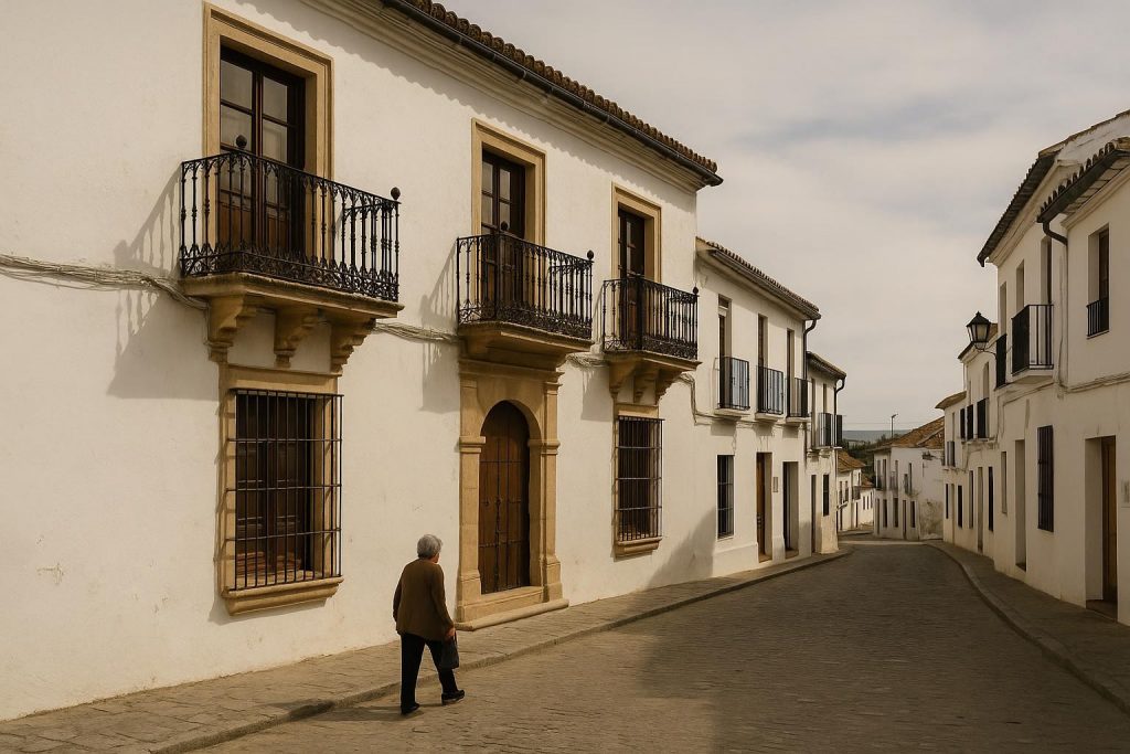 Calle andaluza con casas señoriales encaladas y balcones de forja