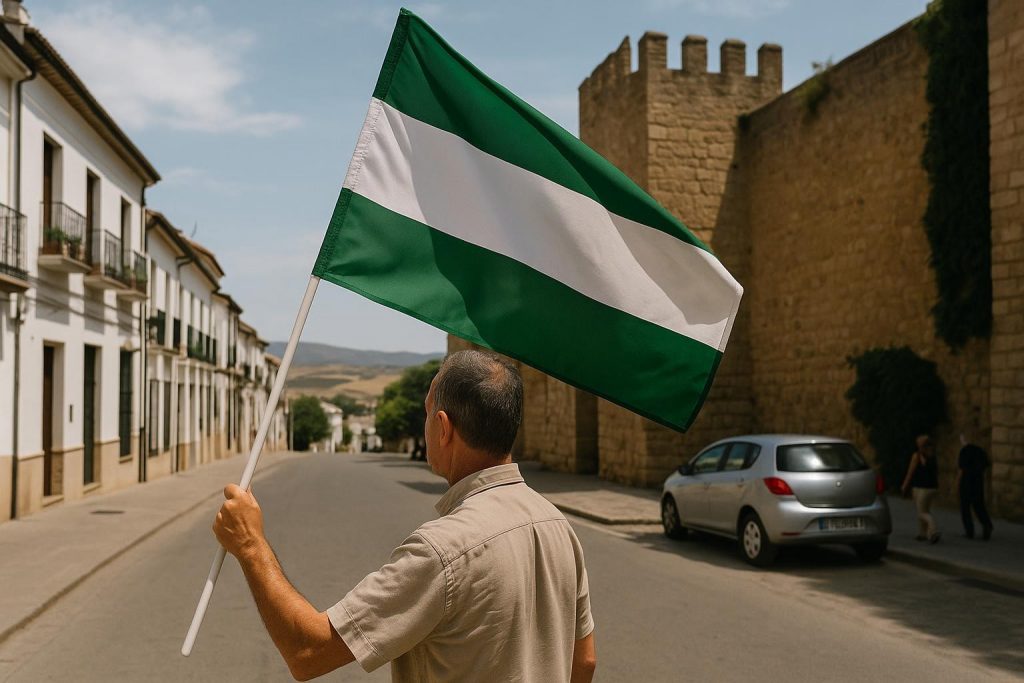 Bandera de Andalucía ondeando en un edificio institucional