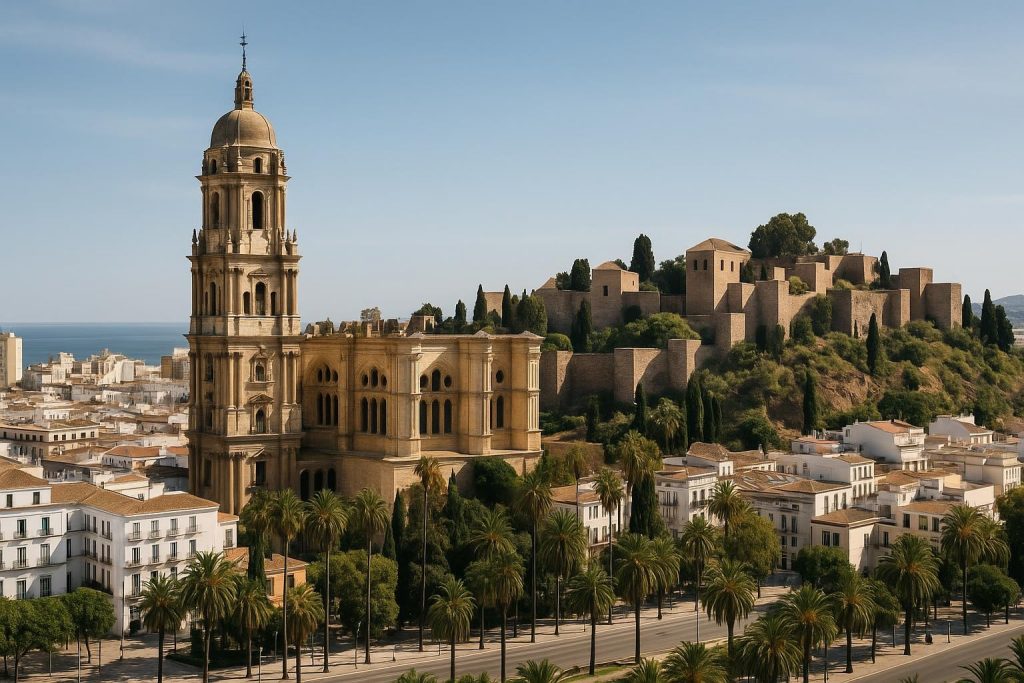 Vista panorámica de Málaga con la Alcazaba, el puerto y la Catedral