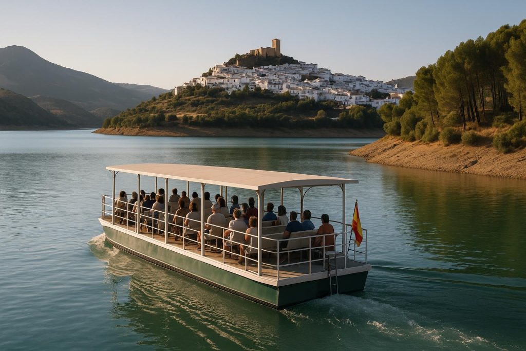 Embarcación navegando por un embalse andaluz rodeado de sierras