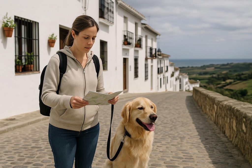 Perro junto a una maleta en una terraza rural de Andalucía