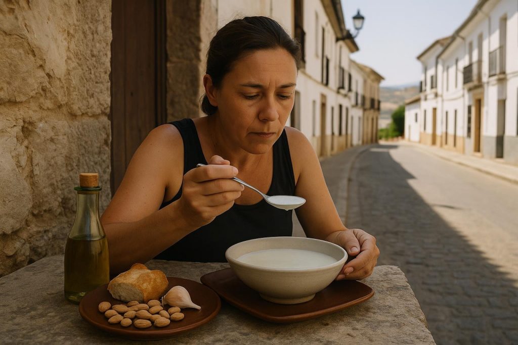 Cuenco de ajoblanco andaluz con uvas y aceite de oliva