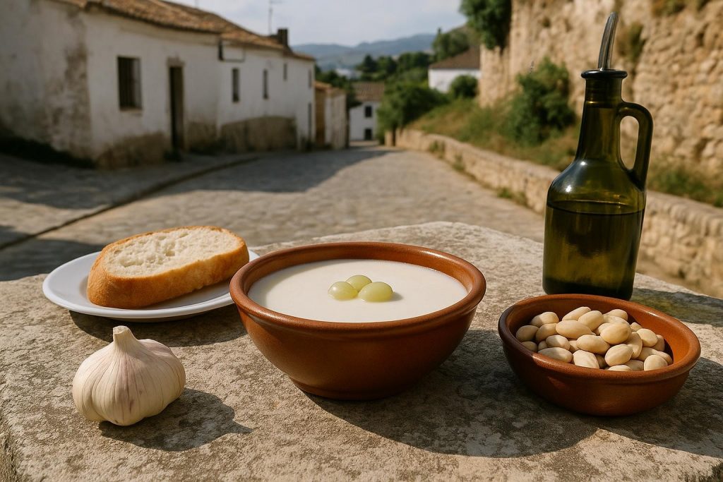 Cuenco de ajoblanco malagueño con almendras y uvas