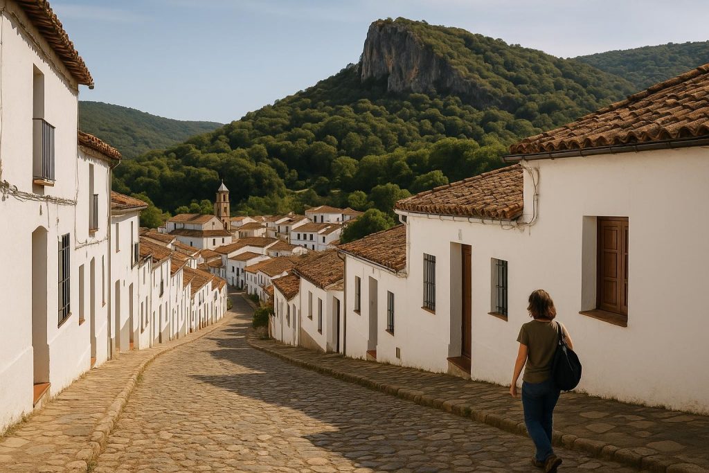 Calles blancas de Alájar junto a la Peña de Arias Montano