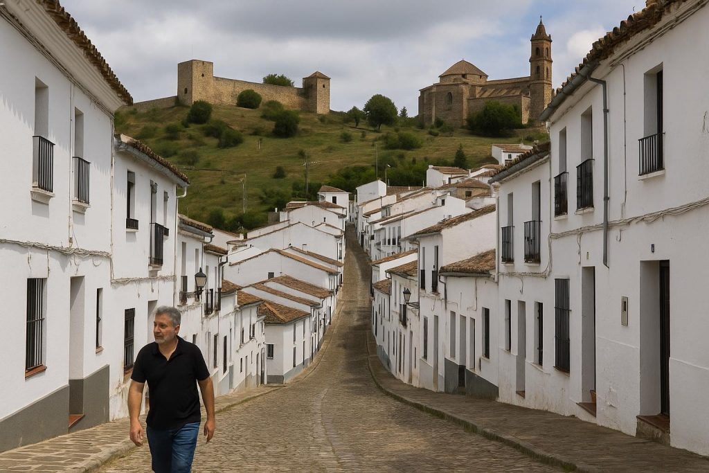 Calles blancas de Aracena con la sierra al fondo