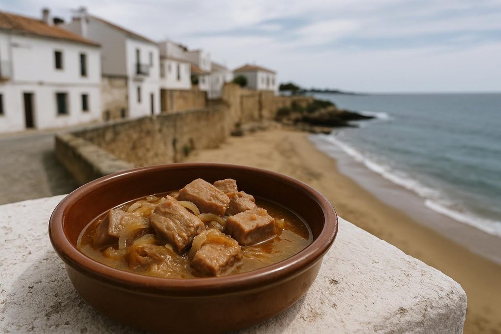 Plato de atún encebollado con salsa de cebolla en una cazuela
