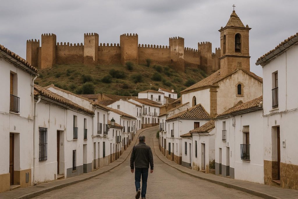 Castillo de Baños de la Encina sobre las casas blancas del municipio