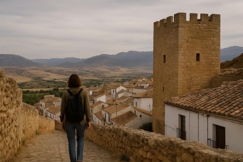 Casco histórico de Baza con la iglesia Mayor y las montañas de Granada al fondo