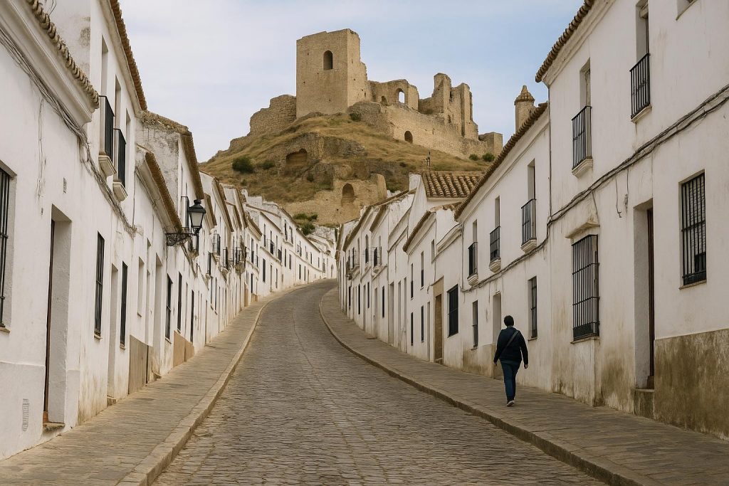 Calles blancas de Medina Sidonia con el castillo al fondo