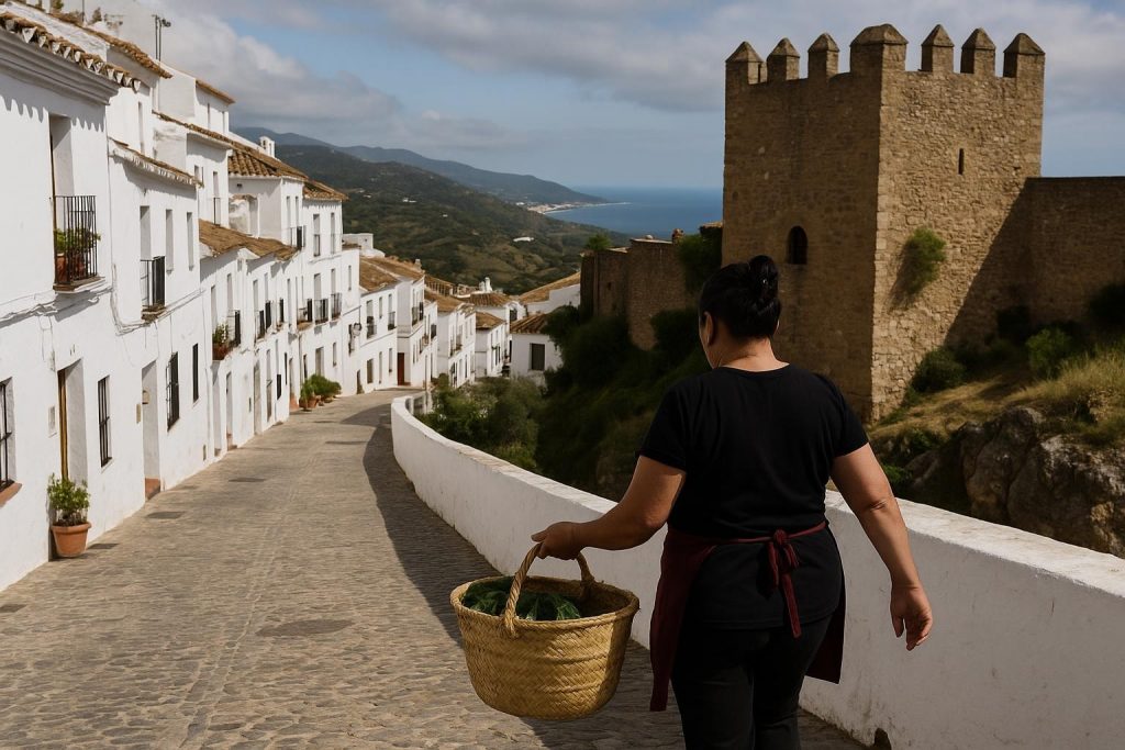 Calles blancas de un pueblo andaluz con paisaje de sierra
