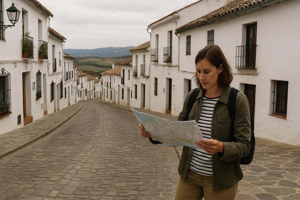 Calle empedrada de un pueblo andaluz entre casas blancas y paisaje de sierra