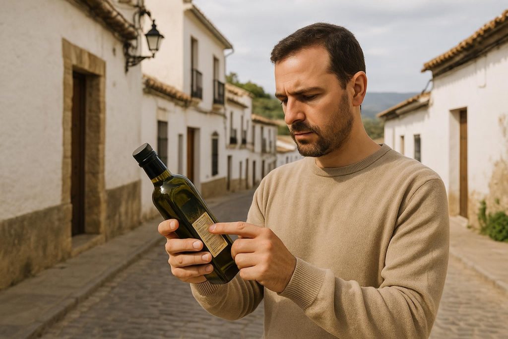 Botellas de aceite de oliva junto a aceitunas sobre una mesa