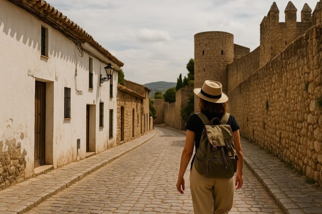 Viajeros caminando por una calle histórica andaluza