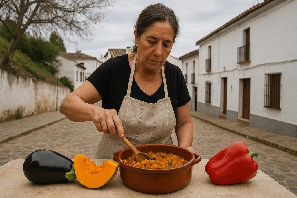 Alboronía andaluza servida en cazuela con berenjena, calabaza y especias