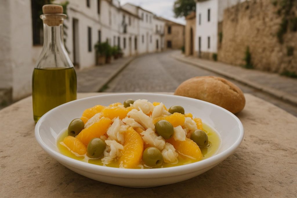 Remojón granadino con naranja, bacalao, aceitunas y aceite de oliva