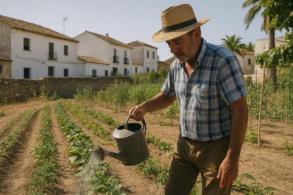 Huerto andaluz con plantas protegidas durante un día de calor