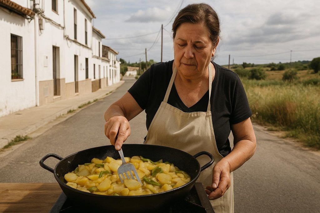 Papas a lo pobre servidas en una sartén con pimientos y cebolla