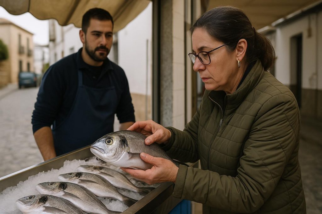 Pescado fresco sobre hielo en el mostrador de una pescadería