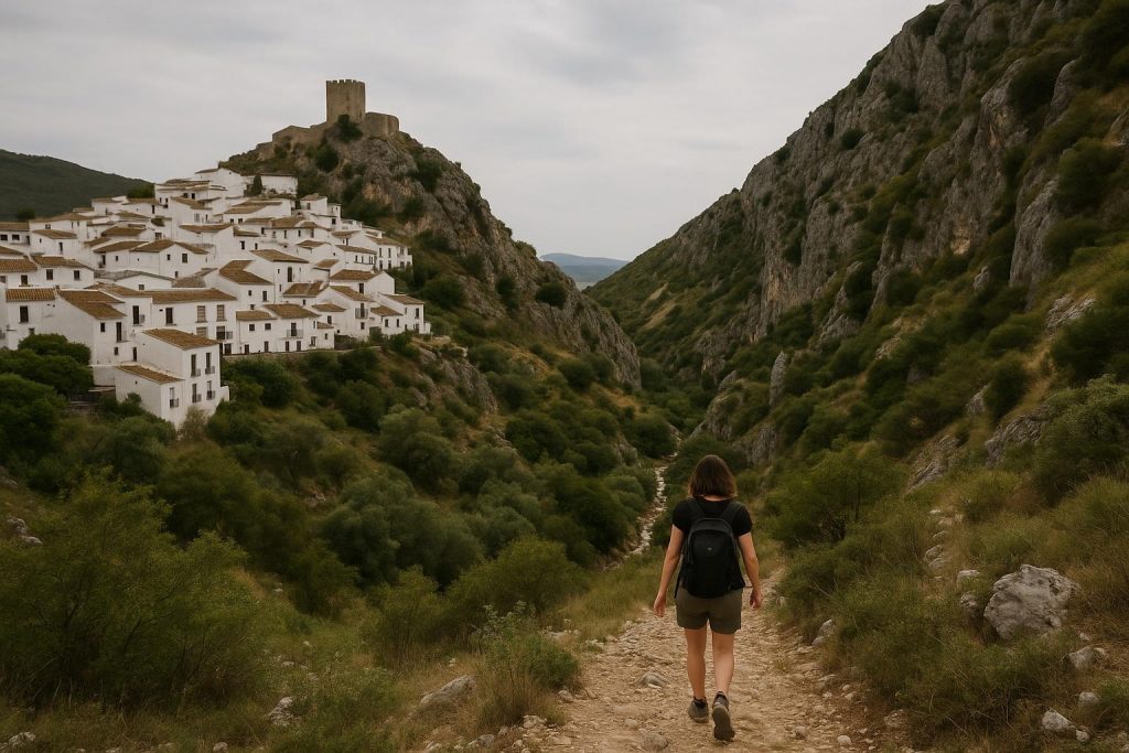 Calles blancas de Zuheros con la sierra cordobesa al fondo
