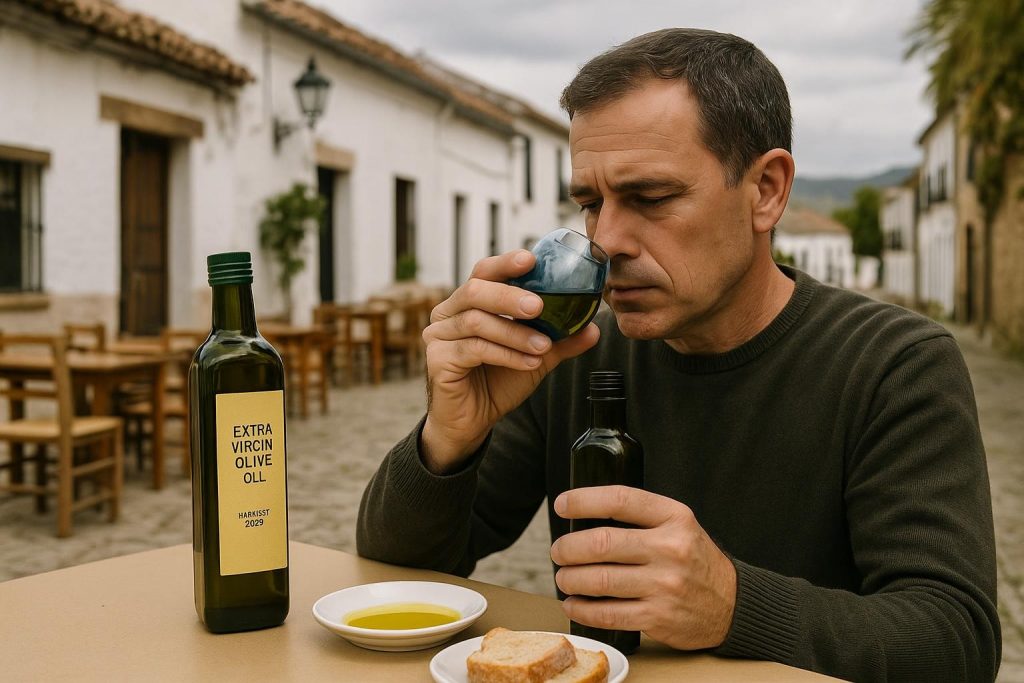 Botella de aceite de oliva virgen extra junto a aceitunas