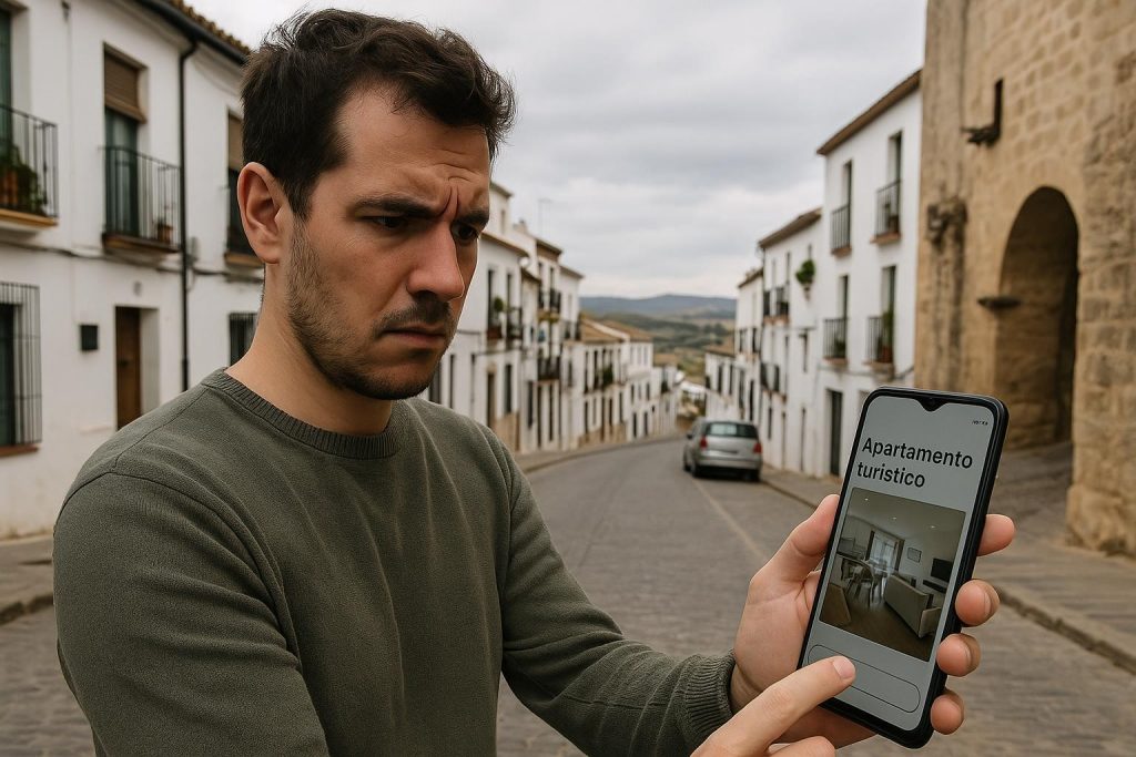 Viajero revisando un anuncio de apartamento turístico en su teléfono