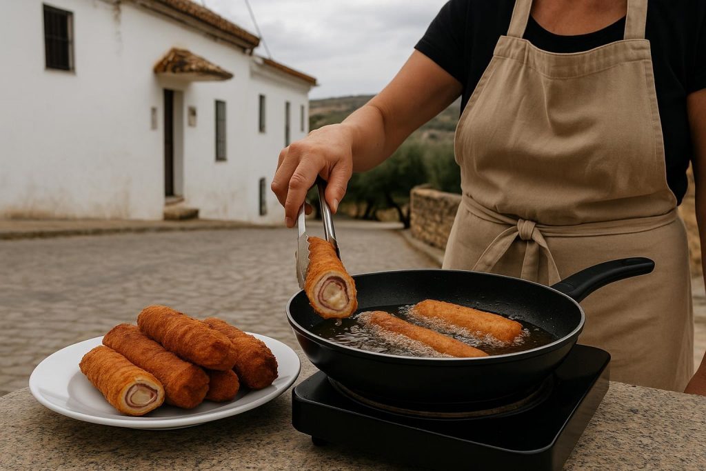 Flamenquines cordobeses caseros dorados servidos en un plato