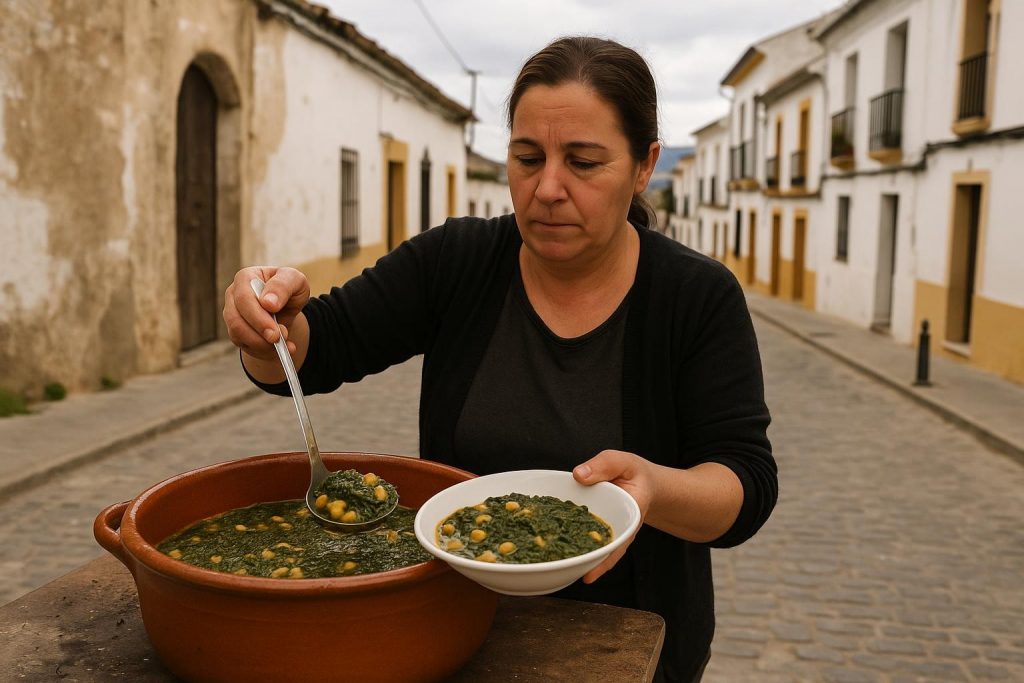 Plato de espinacas con garbanzos servido en una cazuela