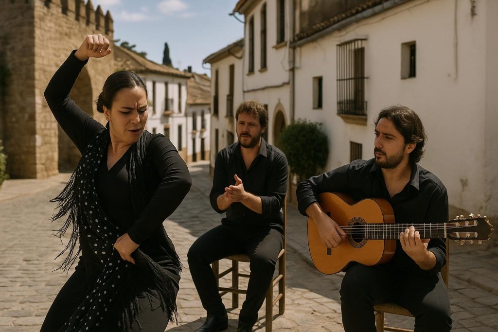 Bailaora y guitarrista durante un espectáculo flamenco en Andalucía