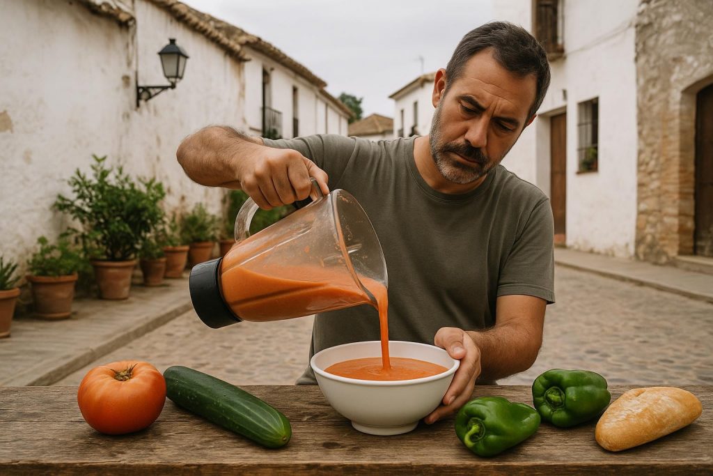 Cuenco de gazpacho andaluz con verduras troceadas