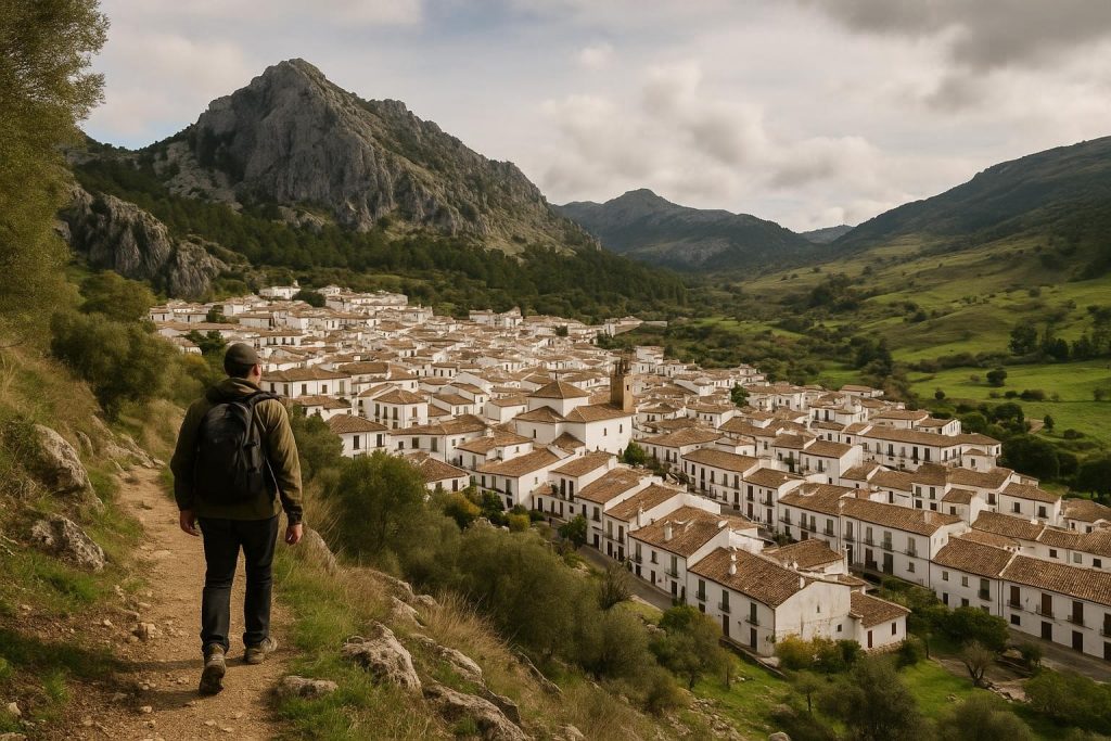 Calles blancas de Grazalema con la sierra al fondo