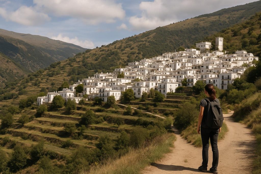 Pueblo blanco de la Alpujarra granadina entre montañas