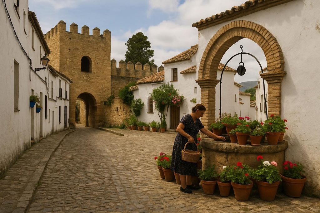 Patio tradicional andaluz con fuente y paredes encaladas
