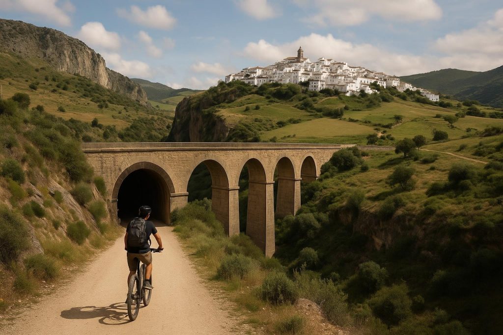 Sendero de la Vía Verde de la Sierra entre túneles y paisaje serrano