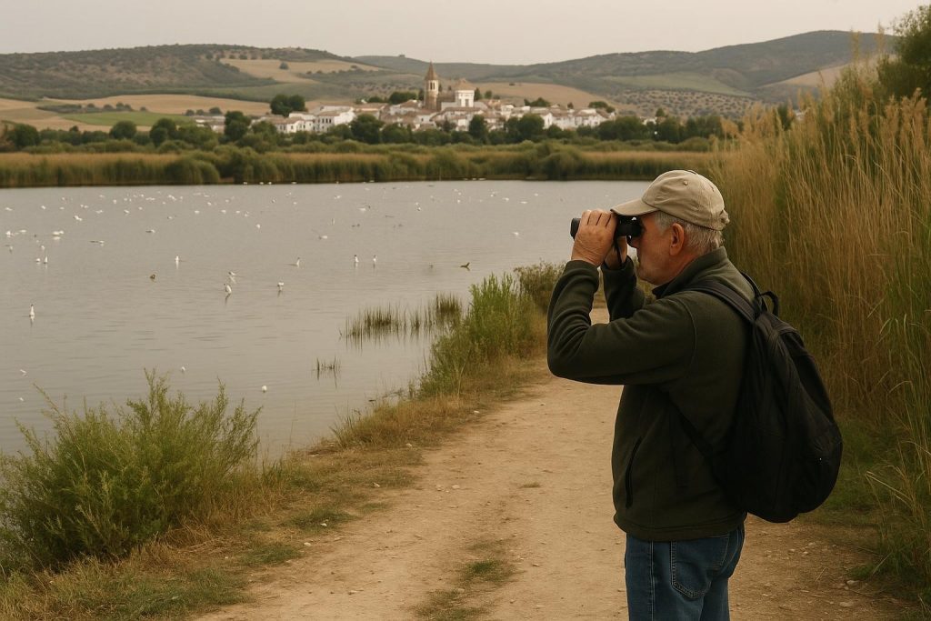 Flamencos y aves acuáticas en una laguna andaluza rodeada de vegetación
